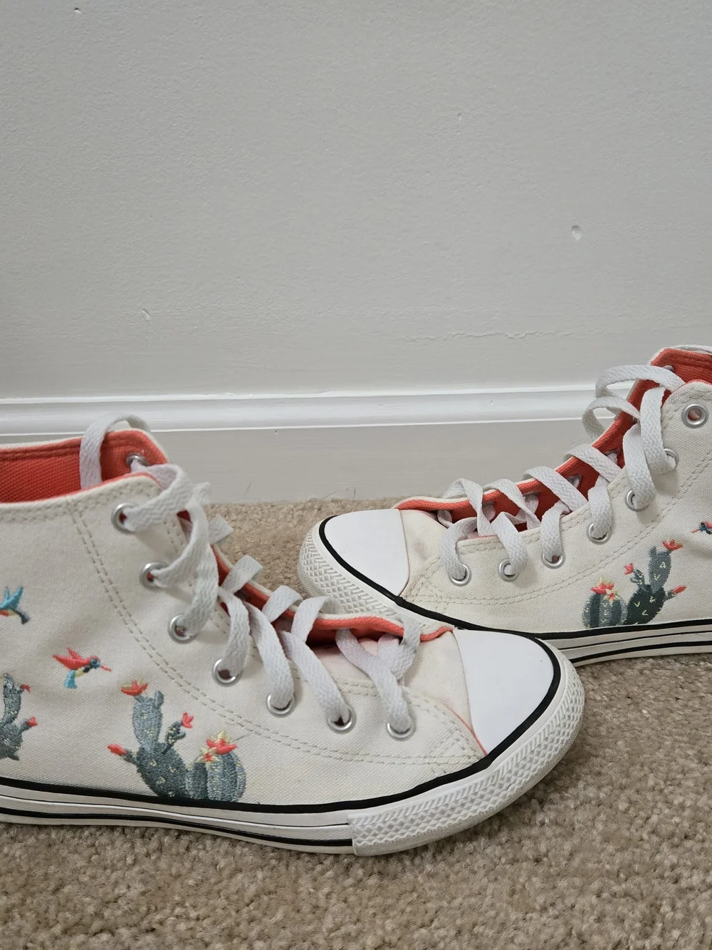 Converse Cream High-Top Sneakers with Coral Accents